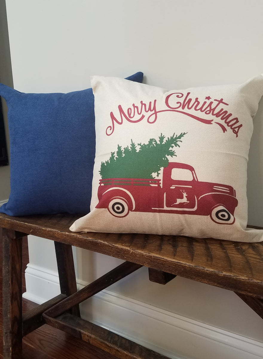 Red Truck Pillow Cover (Happy Holidays) - Linen and Ivory