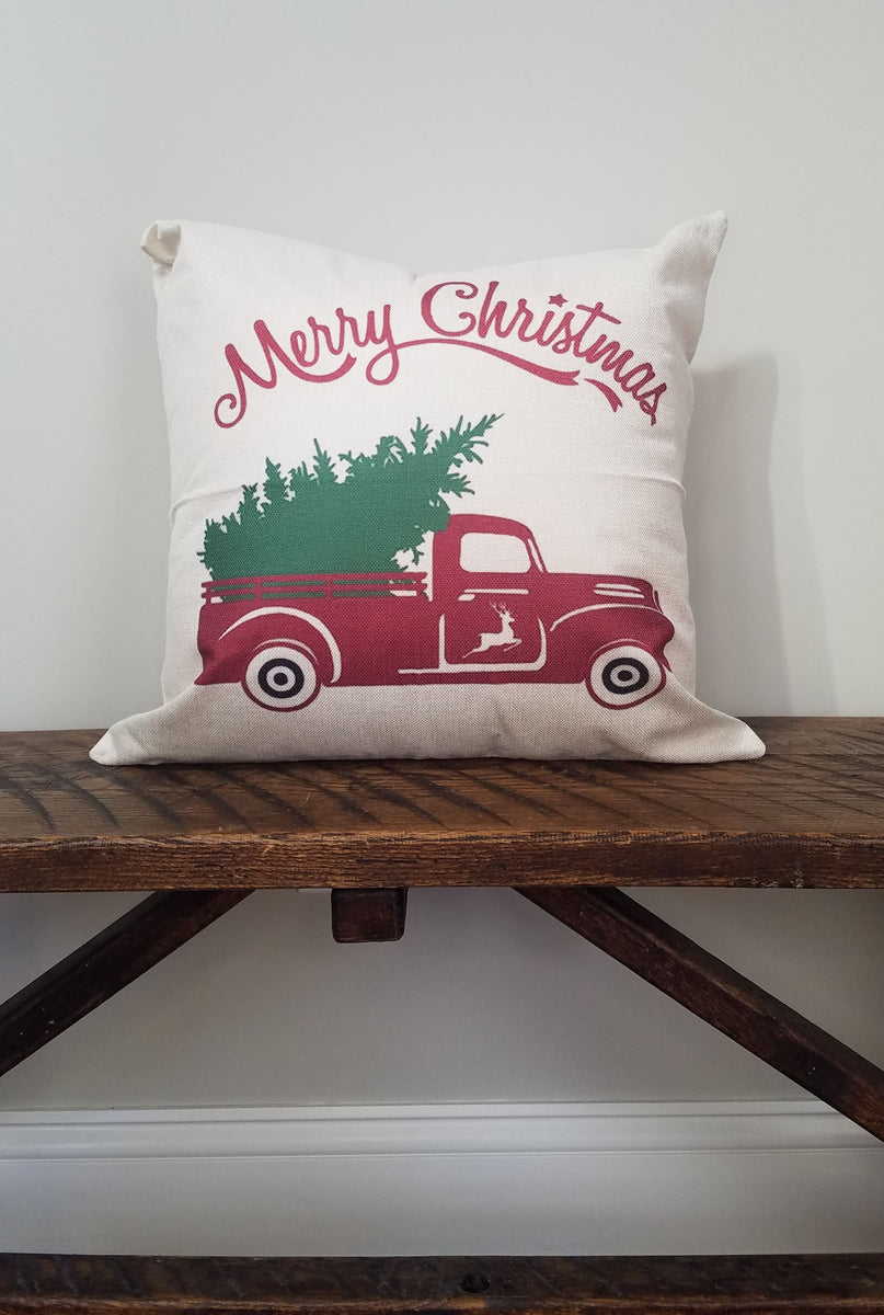 Red Truck Pillow Cover (Happy Holidays) - Linen and Ivory