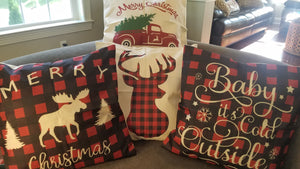 Reindeer Plaid Holiday Farmhouse Pillow Cover 18"x 18"