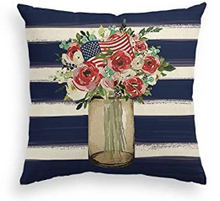 Load image into Gallery viewer, Blue Striped Patriotic Flowered Pillow Cover
