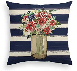 Blue Striped Patriotic Flowered Pillow Cover