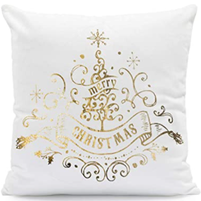 Gold Merry Christmas Tree Holiday Pillow Cover