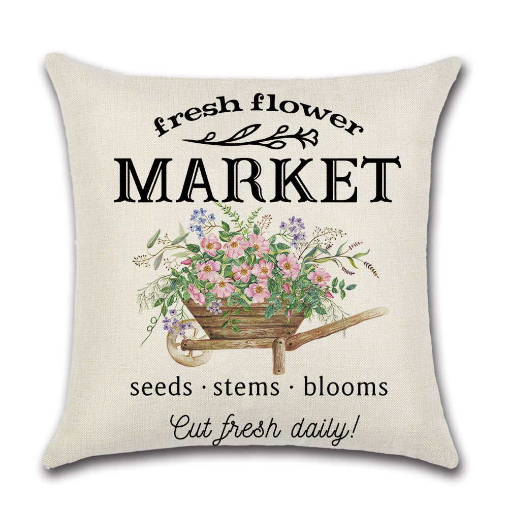 Fresh Flower Market Wagon with Flowers Spring Pillow Cover