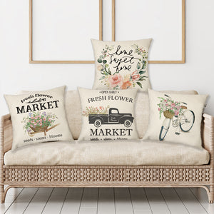 Fresh Flower Market Wagon with Flowers Spring Pillow Cover